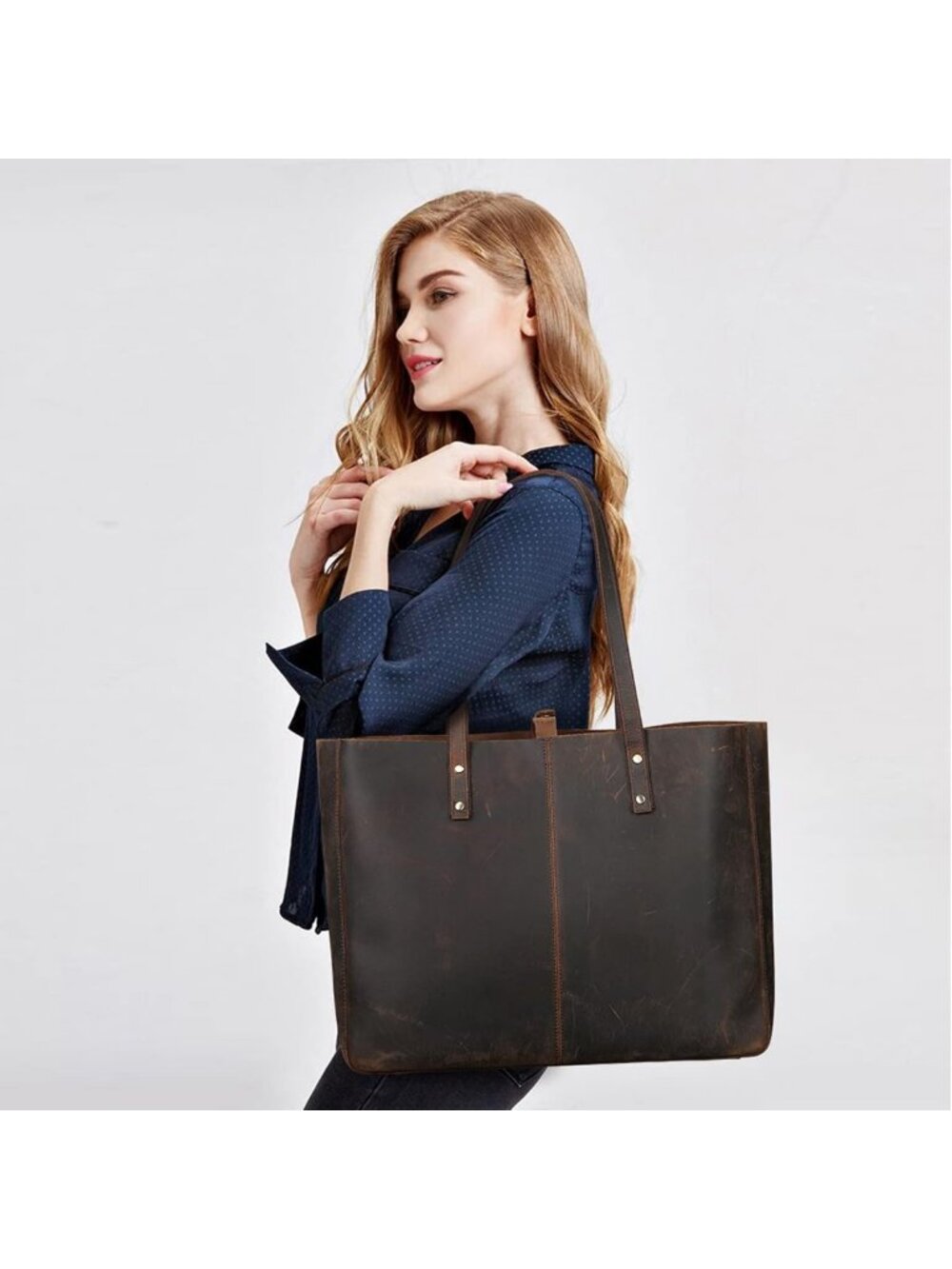 Stylish Genuine Leather Shoulder Tote Bag - Large Work Handbag for Women - Picture 2 of 7